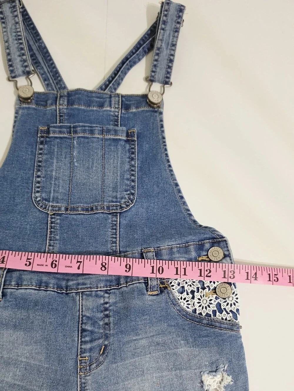 Justice Girls Size 8 Denim Overalls Lace Distressed Skinny Jeans Adjustable